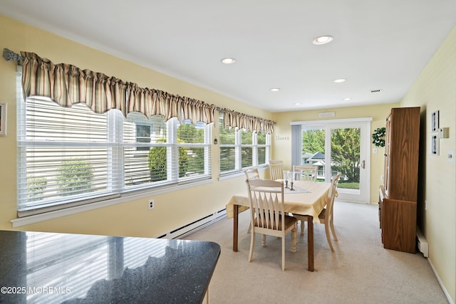 39 Patmore Rd, Brick, NJ 08724 - dining area featuring a baseboard heating unit, light colored carpet, recessed lighting, and a baseboard radiator