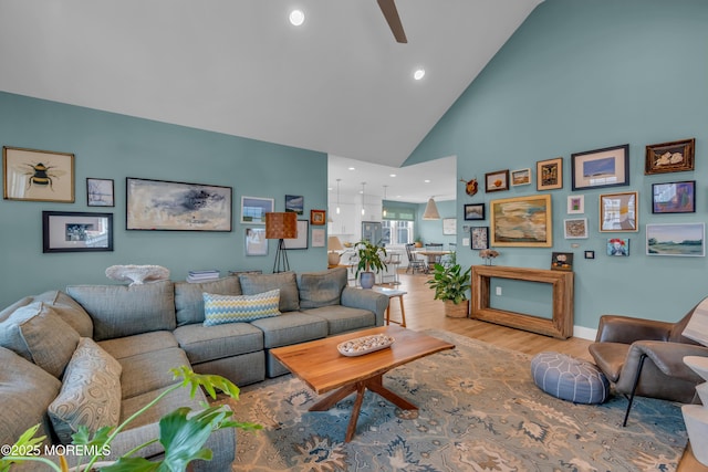 1709 Certainty Dr, Point Pleasant, NJ 08742 - living area with high vaulted ceiling, a ceiling fan, light wood-style floors, baseboards, and recessed lighting