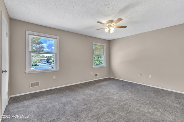 carpeted empty room featuring ceiling fan, plenty of natural light, a textured ceiling, and baseboards