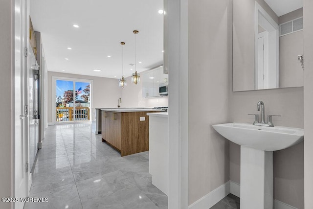 14 Blue River Way, Lakewood, NJ 08701 - bathroom featuring a sink, marble tiled flooring, baseboards, and recessed lighting