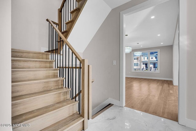 14 Blue River Way, Lakewood, NJ 08701 - stairs with baseboards, recessed lighting, marble finish floors, and a chandelier