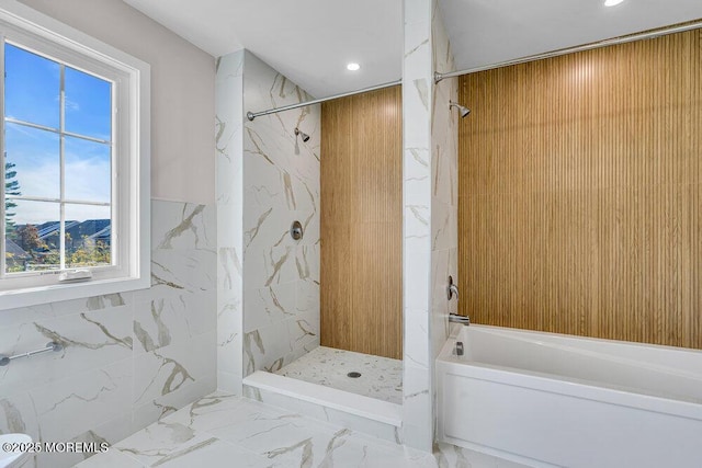 14 Blue River Way, Lakewood, NJ 08701 - bathroom featuring healthy amount of natural light, recessed lighting, marble look tiles, and tile walls