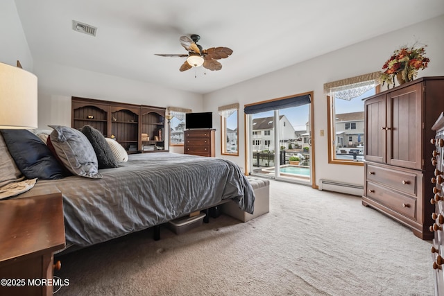 bedroom featuring access to outside, a baseboard radiator, light colored carpet, and a ceiling fan