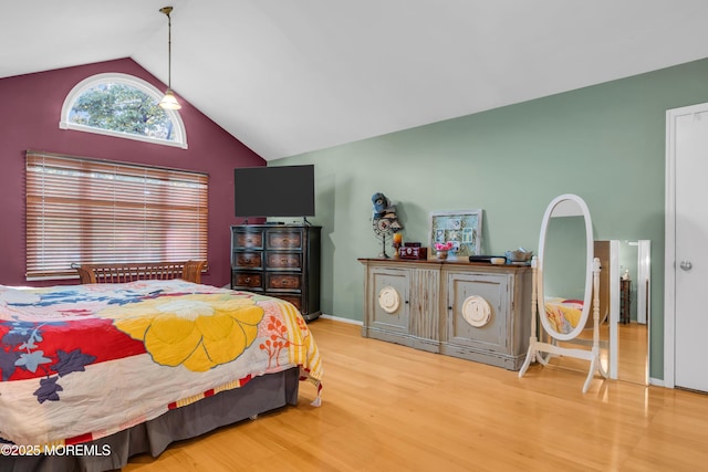 bedroom featuring wood finished floors and high vaulted ceiling