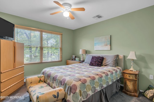 bedroom featuring carpet, ceiling fan, and baseboards