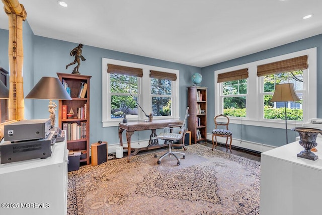 7 Sunset Dr, Asbury Park, NJ 07712 - office featuring baseboard heating, recessed lighting, baseboards, and wood finished floors