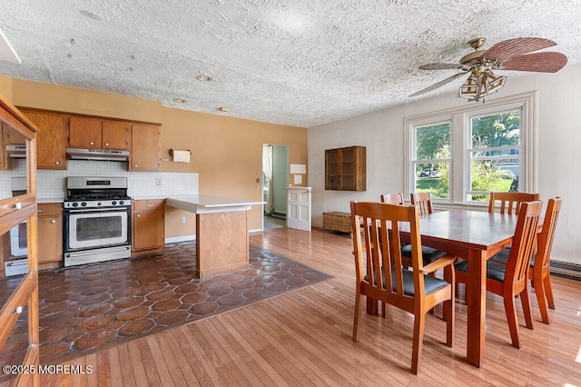 14 E Ave, Atlantic Highlands, NJ 07716 - kitchen with stainless steel range with gas cooktop, under cabinet range hood, hardwood / wood-style floors, light countertops, and backsplash