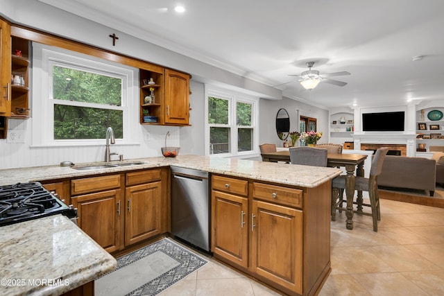 kitchen with dishwasher, a sink, a peninsula, brown cabinets, and open shelves