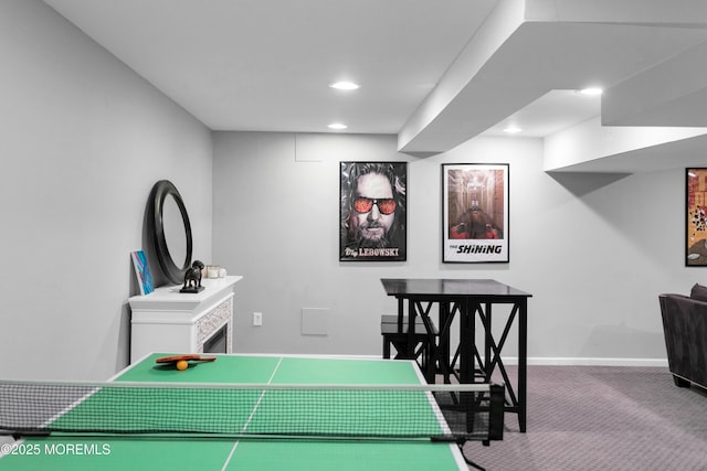 playroom featuring recessed lighting, carpet flooring, and baseboards