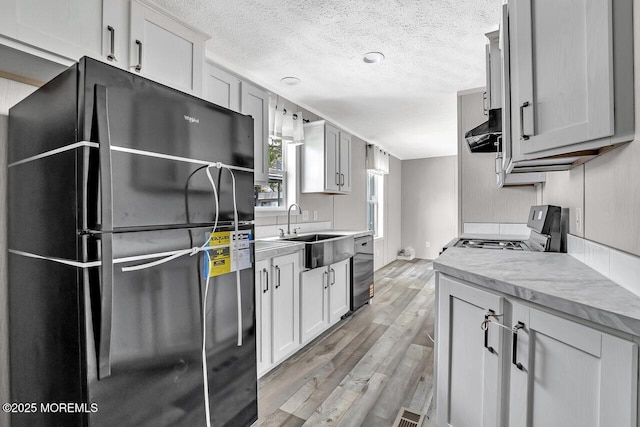 kitchen with freestanding refrigerator, a sink, exhaust hood, light wood-style floors, and stove