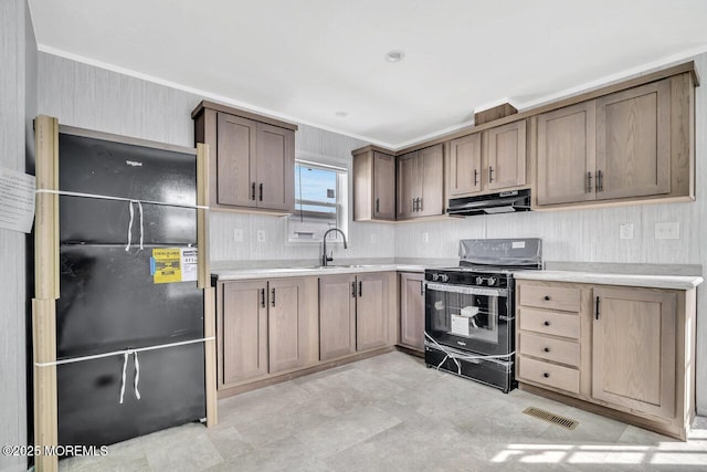 205 Maple St, Robbinsville, NJ 08691 - kitchen featuring black appliances, under cabinet range hood, light countertops, and ornamental molding