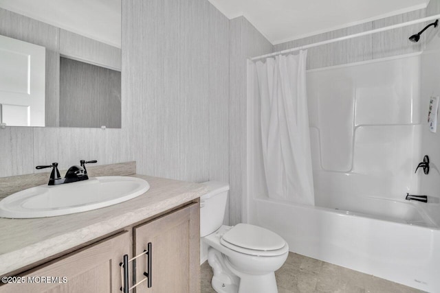 205 Maple St, Robbinsville, NJ 08691 - bathroom with toilet, vanity, shower / bath combo, and ornamental molding