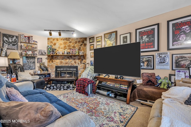 65 Creek Rd Unit 419, Brick, NJ 08724 - living room with carpet, rail lighting, and a stone fireplace