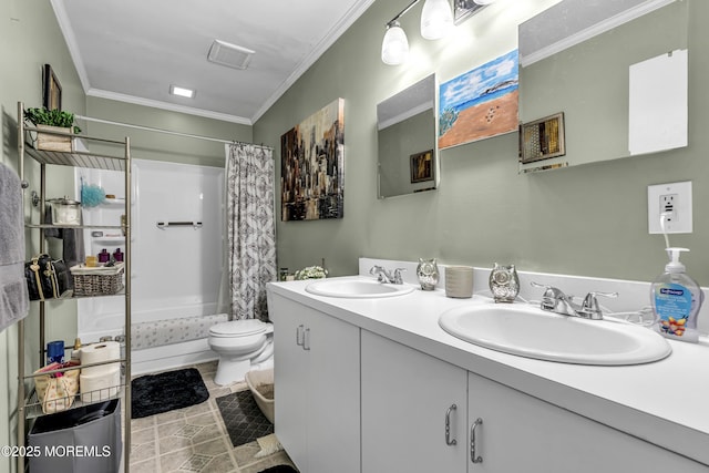 65 Creek Rd Unit 419, Brick, NJ 08724 - bathroom featuring crown molding, toilet, shower / bath combination with curtain, and double vanity
