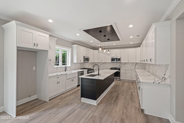 1808 2nd Ave, Toms River, NJ 08757 - kitchen featuring stainless steel appliances, light wood-style floors, tasteful backsplash, white cabinetry, and crown molding