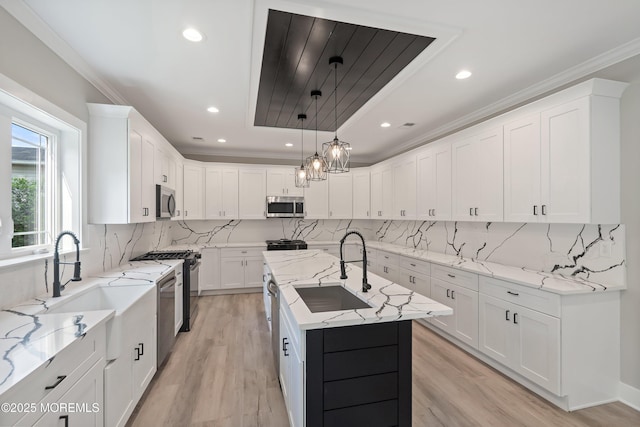 1808 2nd Ave, Toms River, NJ 08757 - kitchen with stainless steel appliances, light wood finished floors, light stone counters, crown molding, and recessed lighting