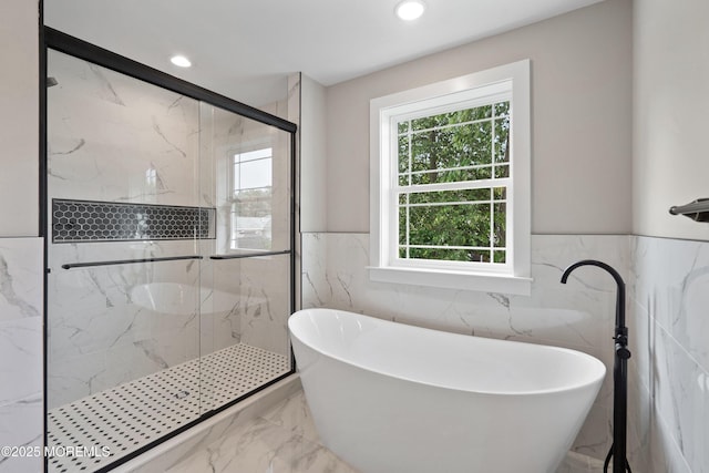 1808 2nd Ave, Toms River, NJ 08757 - bathroom featuring a marble finish shower, marble tiled flooring, a freestanding tub, recessed lighting, and wainscoting