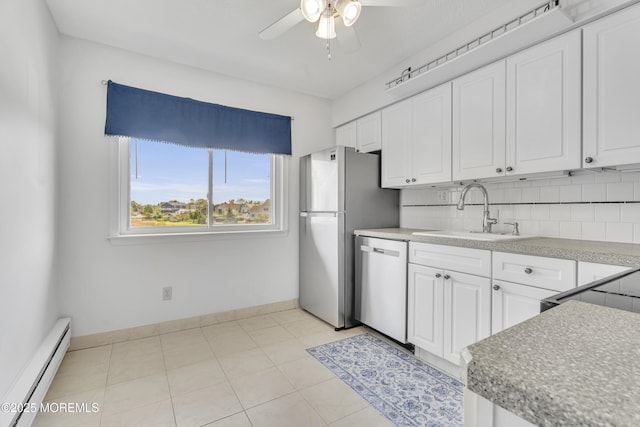 50 Valentine St Unit 14B, Monmouth Beach, NJ 07750 - kitchen featuring a baseboard radiator, appliances with stainless steel finishes, a sink, ceiling fan, and white cabinets