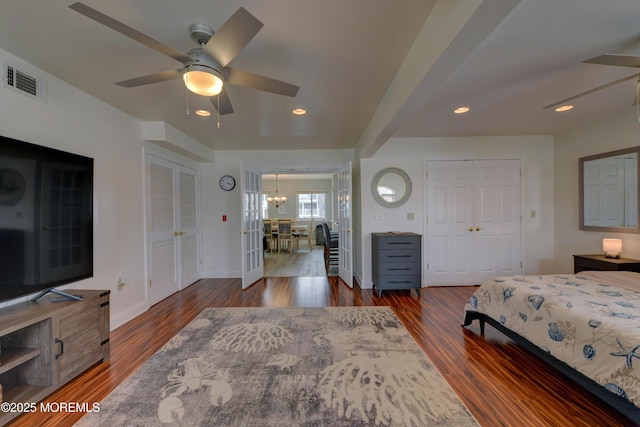 52 Benjamin Blvd, Manahawkin, NJ 08050 - bedroom featuring baseboards, dark wood-style flooring, a chandelier, a ceiling fan, and recessed lighting