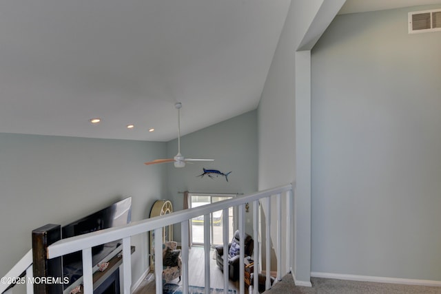52 Benjamin Blvd, Manahawkin, NJ 08050 - staircase featuring a ceiling fan, carpet, baseboards, recessed lighting, and lofted ceiling