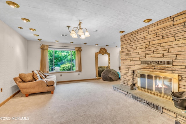 unfurnished room featuring a stone fireplace, carpet floors, and baseboards