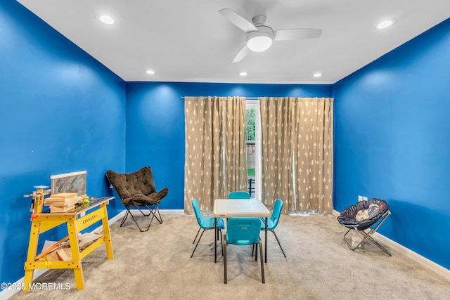recreation room with carpet, baseboards, ceiling fan, and recessed lighting