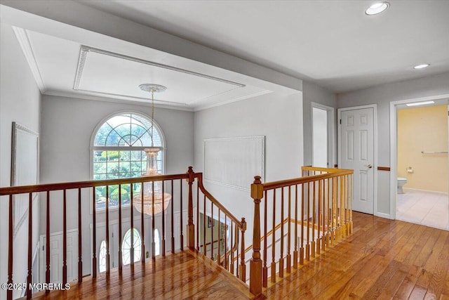 48 Joseph St, Manalapan, NJ 07726 - hall featuring an upstairs landing, hardwood / wood-style flooring, recessed lighting, ornamental molding, and baseboards