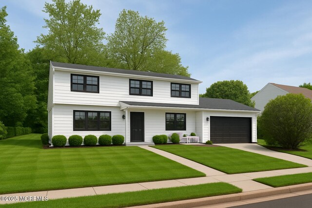 6 Geanne Way, Marlboro, NJ 07746 - modern farmhouse featuring a garage, concrete driveway, and a front lawn