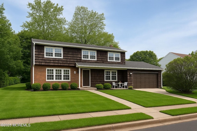 6 Geanne Way, Marlboro, NJ 07746 - view of front facade featuring concrete driveway, a garage, a front lawn, and covered porch