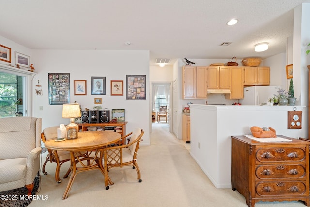 144 Sandpiper Rd, Barnegat, NJ 08005 - kitchen featuring under cabinet range hood, freestanding refrigerator, light brown cabinets, and light colored carpet