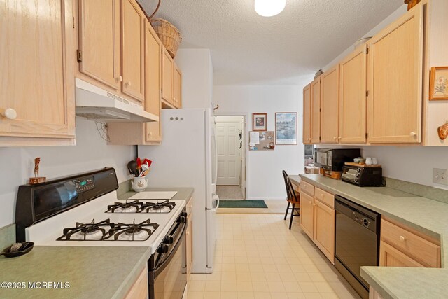 144 Sandpiper Rd, Barnegat, NJ 08005 - kitchen featuring black appliances, light brown cabinetry, under cabinet range hood, light countertops, and a textured ceiling