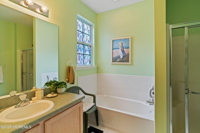 144 Sandpiper Rd, Barnegat, NJ 08005 - bathroom with a shower stall, tile patterned floors, a garden tub, and vanity