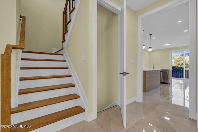 25 Blue River Way, Lakewood, NJ 08701 - staircase with recessed lighting, marble finish flooring, and baseboards