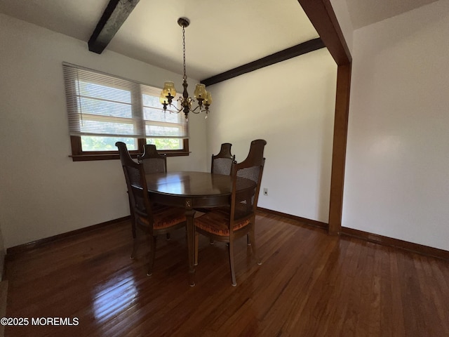 1595 Forge Pond Rd, Brick, NJ 08724 - dining area with beamed ceiling, a chandelier, wood finished floors, and baseboards