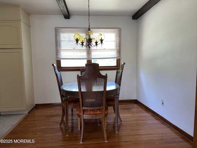 1595 Forge Pond Rd, Brick, NJ 08724 - dining space with a chandelier, wood finished floors, beam ceiling, and baseboards