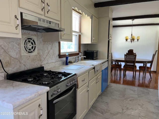 1595 Forge Pond Rd, Brick, NJ 08724 - kitchen featuring under cabinet range hood, range with gas cooktop, light marble finish floors, a chandelier, and dishwasher