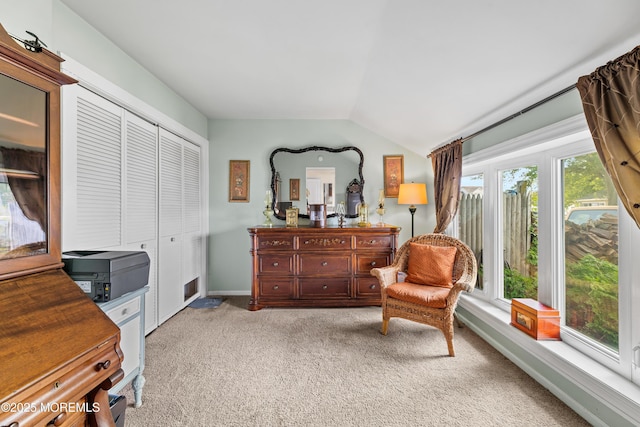 129 Foster Rd, Toms River, NJ 08753 - sitting room featuring carpet floors, lofted ceiling, and baseboards