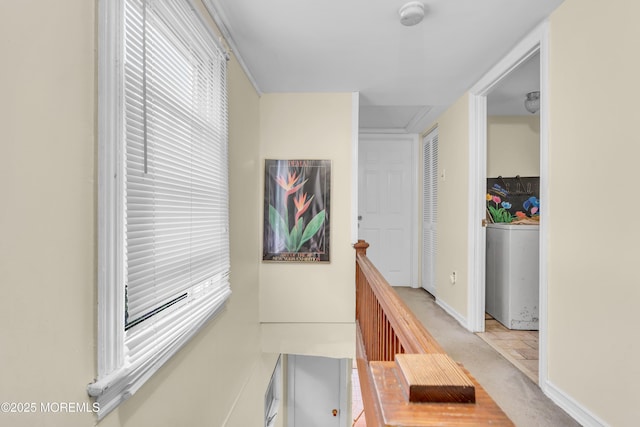 19 Union Ave, Freehold, NJ 07728 - corridor with an upstairs landing, washer / clothes dryer, light colored carpet, and baseboards