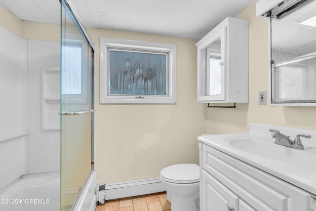 19 Union Ave, Freehold, NJ 07728 - full bathroom with a baseboard radiator, vanity, toilet, and shower / bath combination with glass door