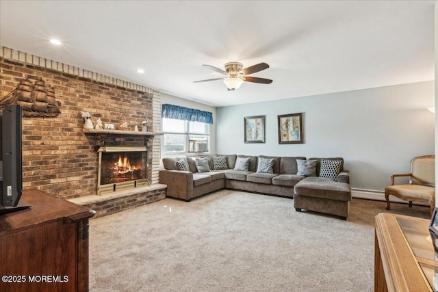 19 Acapulco Dr, Brick, NJ 08723 - living area featuring carpet flooring, ceiling fan, a fireplace, and recessed lighting