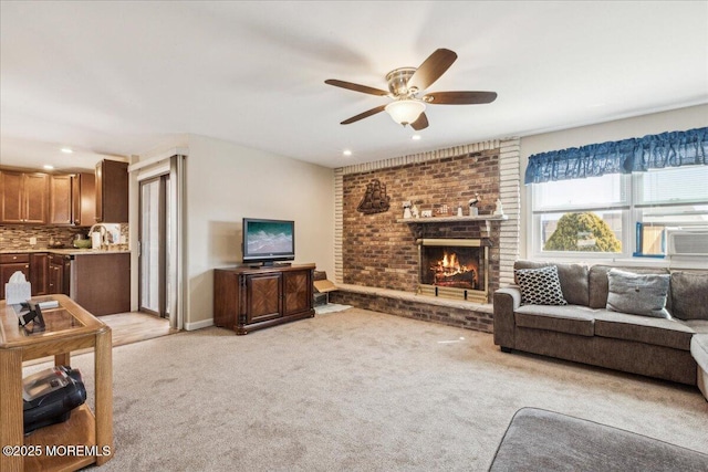 19 Acapulco Dr, Brick, NJ 08723 - living room featuring a ceiling fan, recessed lighting, light carpet, and a fireplace