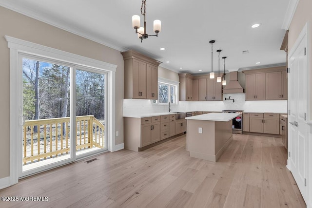 kitchen featuring stainless steel range oven, custom range hood, gray cabinets, tasteful backsplash, and ornamental molding
