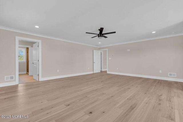 unfurnished room featuring a ceiling fan, baseboards, ornamental molding, light wood finished floors, and recessed lighting