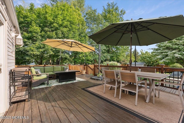 19 Meadowbrook Ln, Freehold, NJ 07728 - wooden deck featuring an outdoor living space, outdoor dining area, and view of wooded area