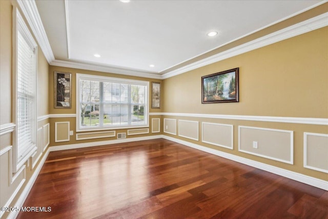 34 Crescent Rd, Old Bridge, NJ 08857 - empty room with wood finished floors, a decorative wall, wainscoting, crown molding, and recessed lighting