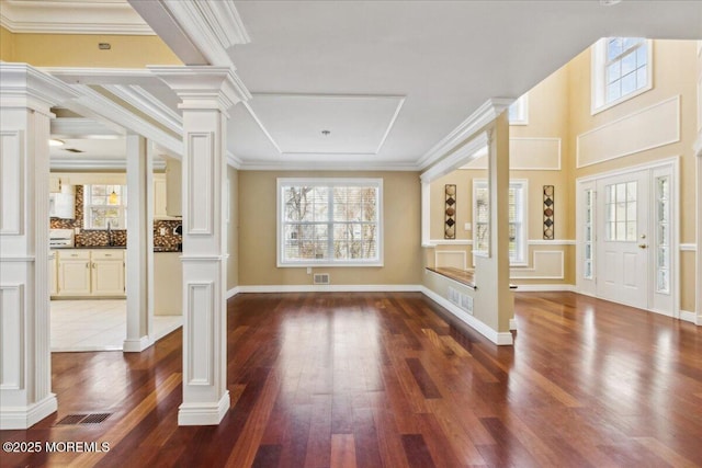 34 Crescent Rd, Old Bridge, NJ 08857 - foyer with ornate columns, dark wood-style flooring, plenty of natural light, and ornamental molding