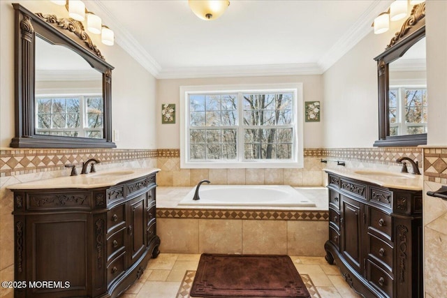 34 Crescent Rd, Old Bridge, NJ 08857 - full bath with healthy amount of natural light, two vanities, a garden tub, and crown molding