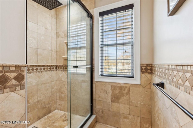 34 Crescent Rd, Old Bridge, NJ 08857 - full bathroom with a stall shower, tile walls, and wainscoting
