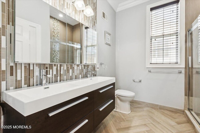 34 Crescent Rd, Old Bridge, NJ 08857 - full bath with a shower stall, ornamental molding, toilet, double vanity, and baseboards
