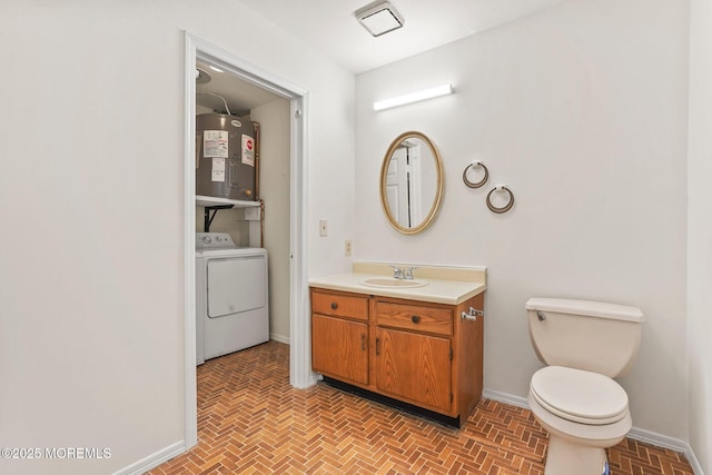 bathroom with washer / dryer, electric water heater, baseboards, and brick patterned floors